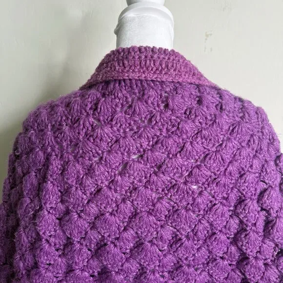 Handknit Crochet Purple Cape Poncho Wrap Sweater Chunky Fringe Granny Beige Boho - Picture 12 of 15